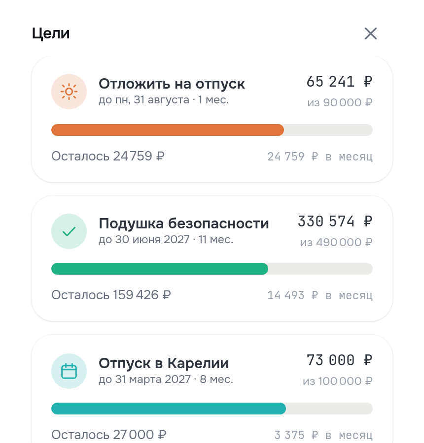 Экран целей накопления: отложенная сумма, остаток, срок закрытия цели и нужный темп в месяц